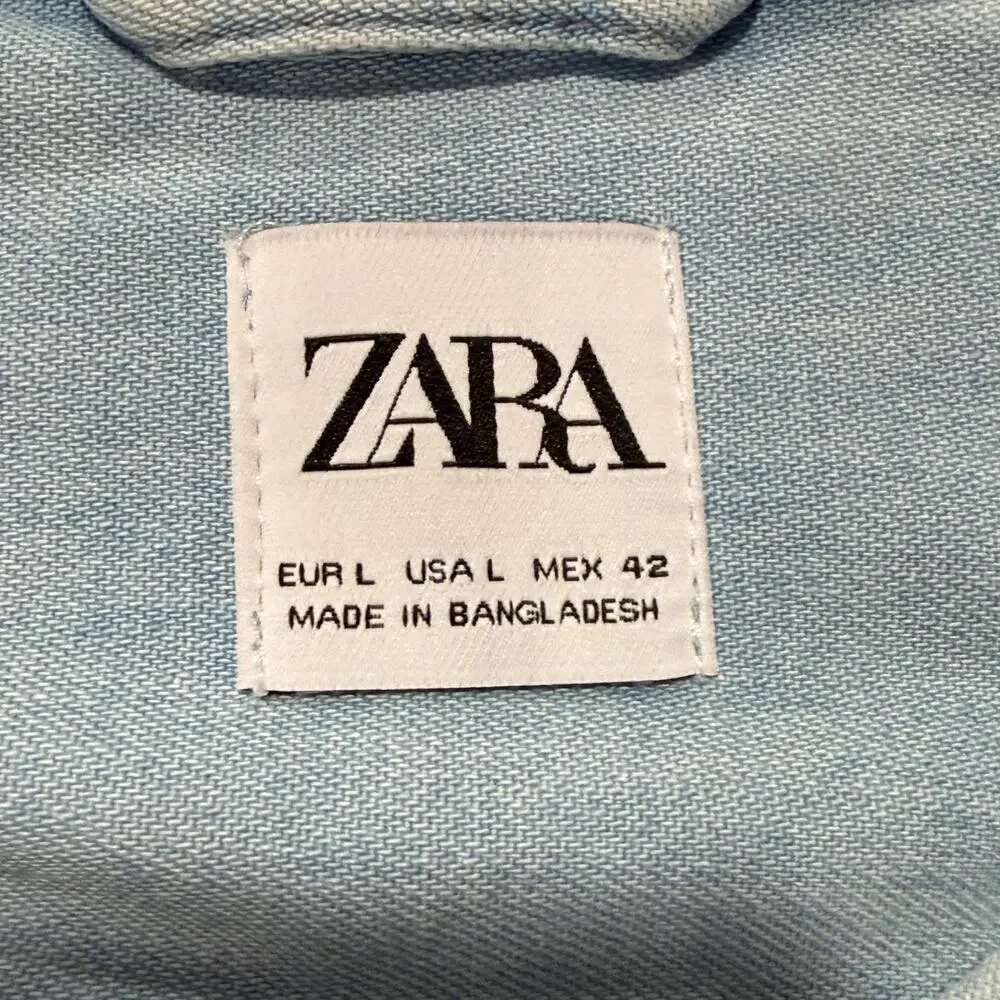 Zara Denim Button Up Long Sleeve Shirt Men Large Light Blue Cotton Casual Preppy